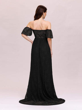 Color=Black | Dainty Off Shoulder High Waist Lace Maxi Evening Maternity Dress-Black 2
