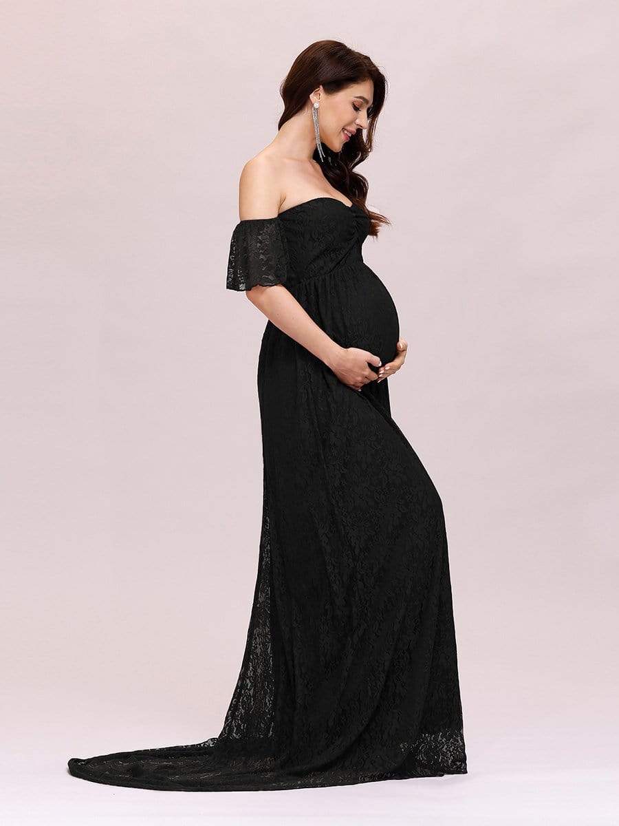 Color=Black | Dainty Off Shoulder High Waist Lace Maxi Evening Maternity Dress-Black 3