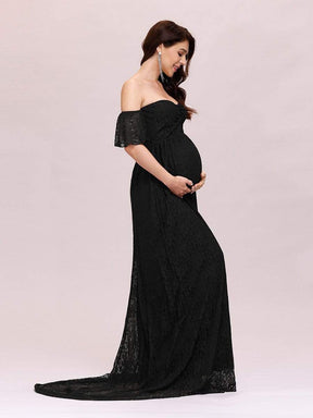 Color=Black | Dainty Off Shoulder High Waist Lace Maxi Evening Maternity Dress-Black 3