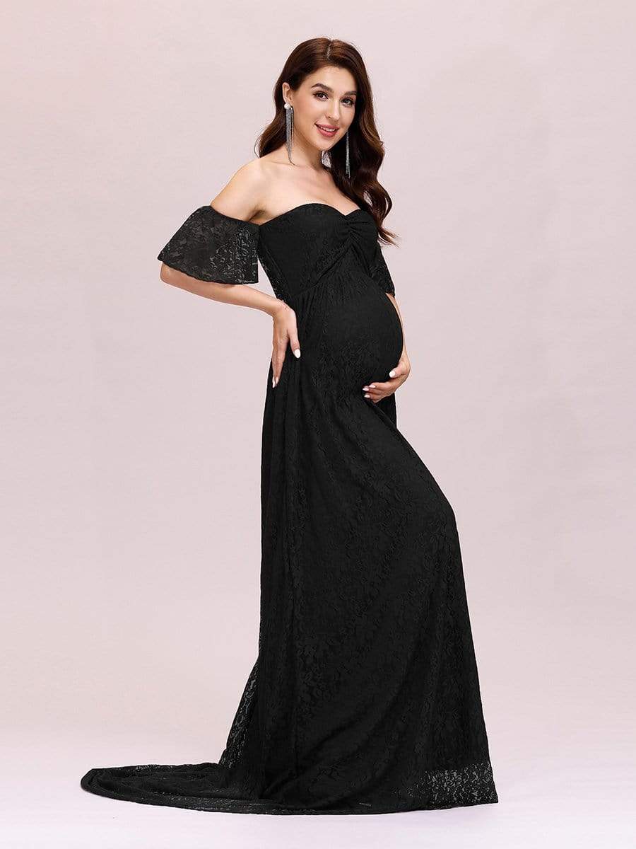 Color=Black | Dainty Off Shoulder High Waist Lace Maxi Evening Maternity Dress-Black 4