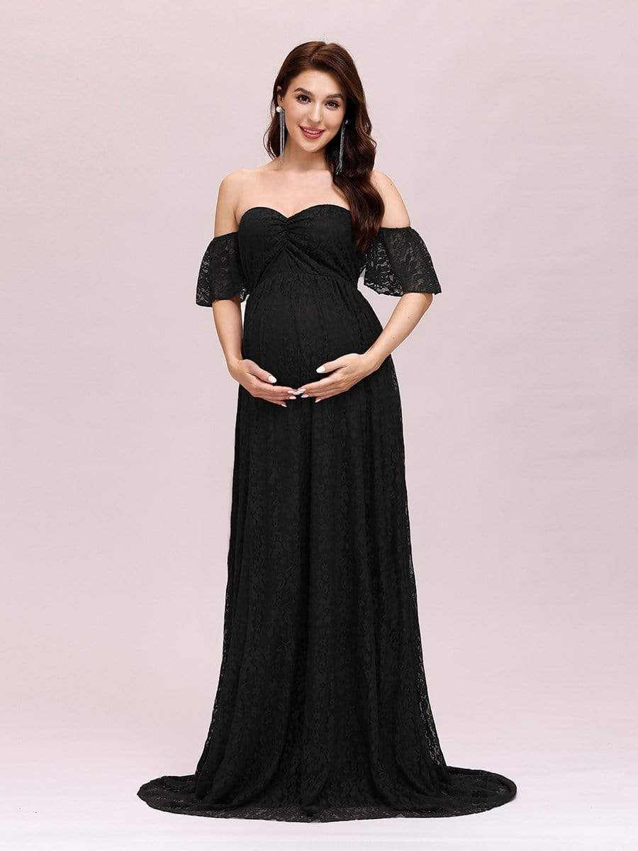 Color=Black | Dainty Off Shoulder High Waist Lace Maxi Evening Maternity Dress-Black 1