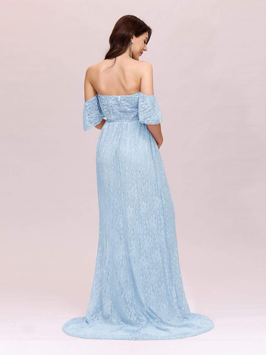 Color=Dusty blue | Dainty Off Shoulder High Waist Lace Maxi Evening Maternity Dress-Dusty Blue 2