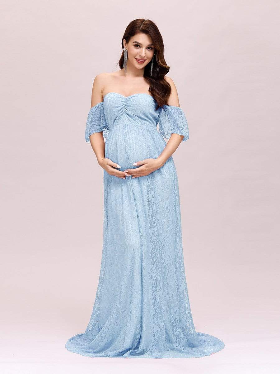 Color=Dusty blue | Dainty Off Shoulder High Waist Lace Maxi Evening Maternity Dress-Dusty Blue 3