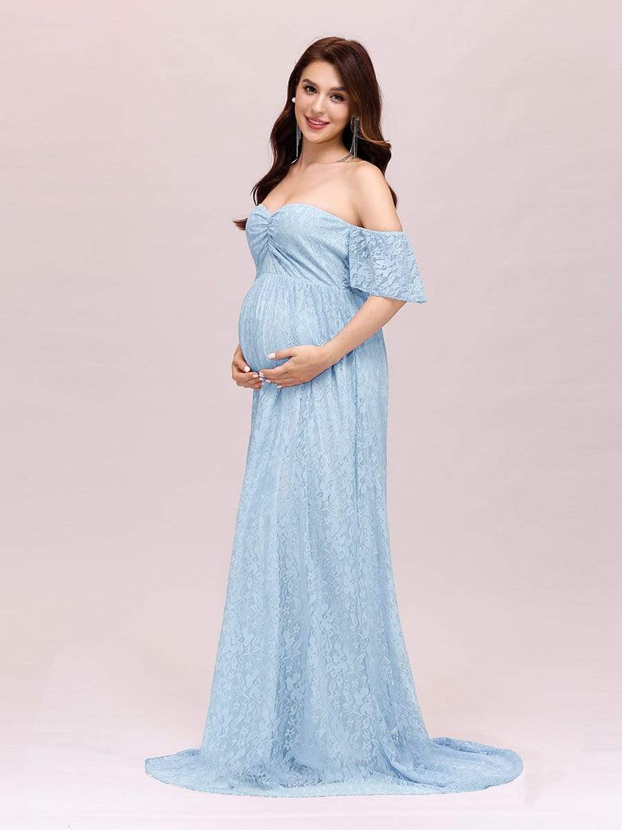 Color=Dusty blue | Dainty Off Shoulder High Waist Lace Maxi Evening Maternity Dress-Dusty Blue 4