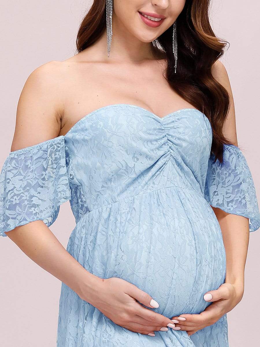 Color=Dusty blue | Dainty Off Shoulder High Waist Lace Maxi Evening Maternity Dress-Dusty Blue 5