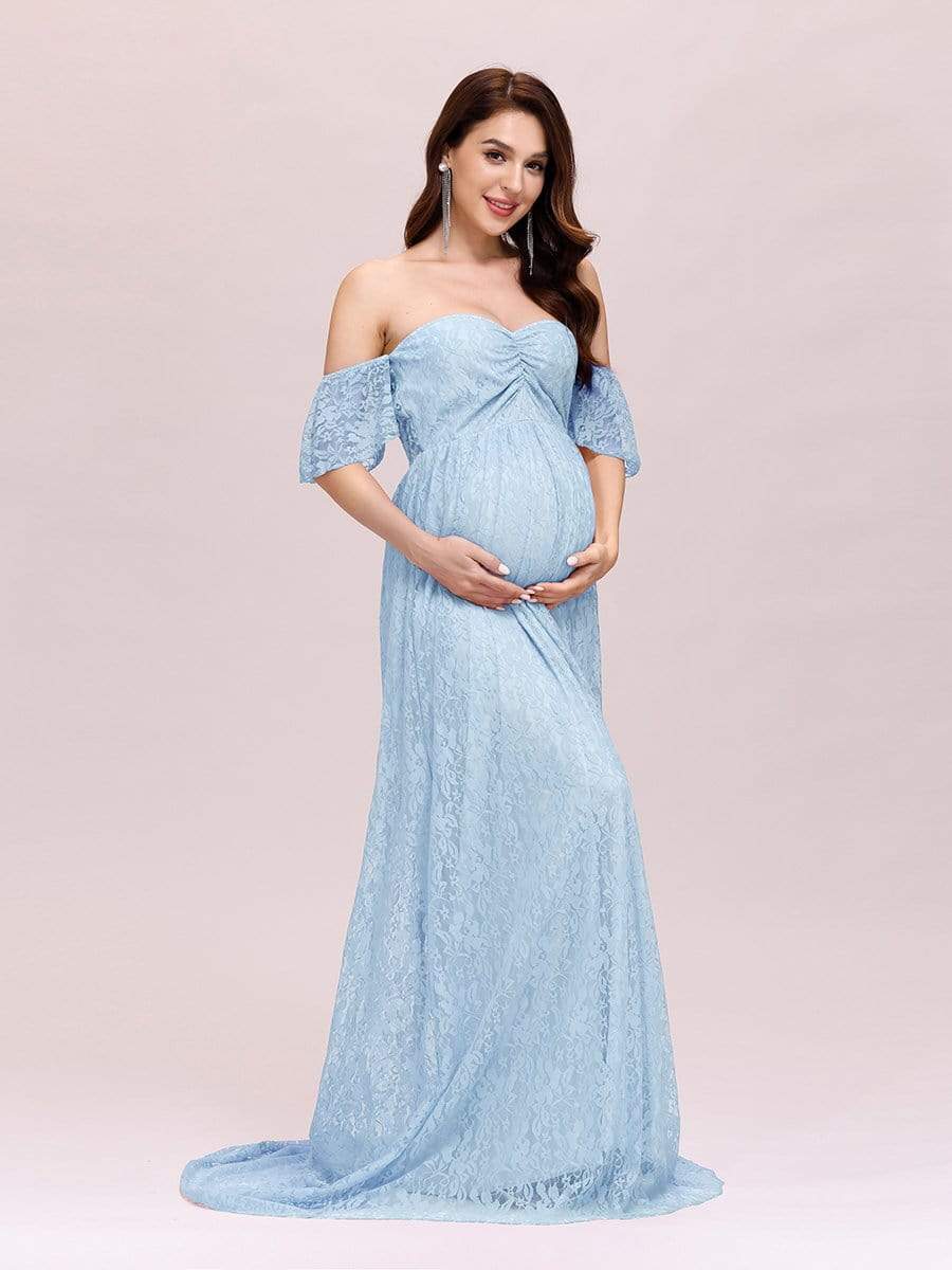 Color=Dusty blue | Dainty Off Shoulder High Waist Lace Maxi Evening Maternity Dress-Dusty Blue 1