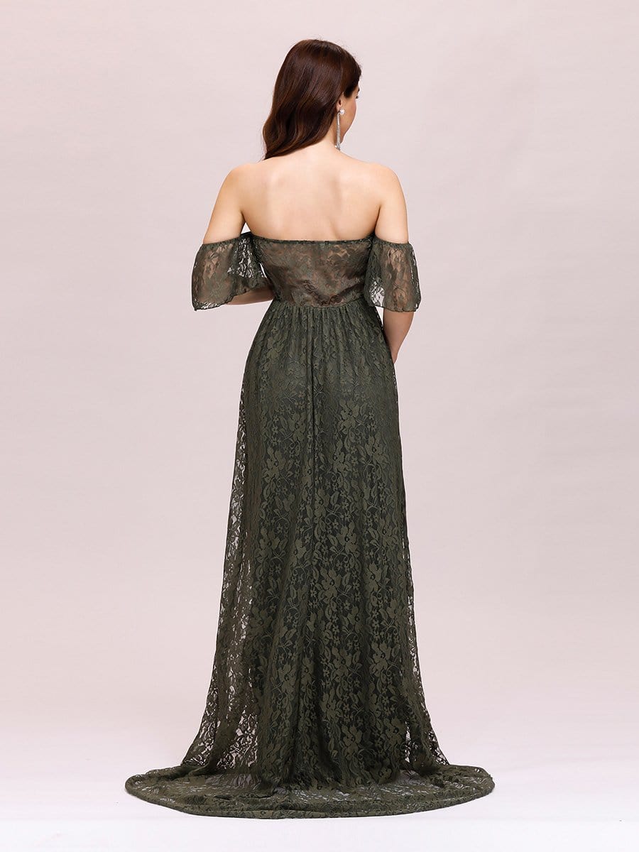 Color=Dark Green | Dainty Off Shoulder High Waist Lace Maxi Evening Maternity Dress-Dark Green 2