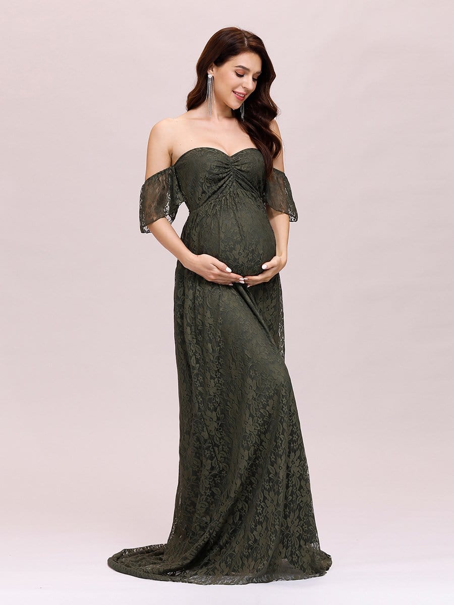 Color=Dark Green | Dainty Off Shoulder High Waist Lace Maxi Evening Maternity Dress-Dark Green 3