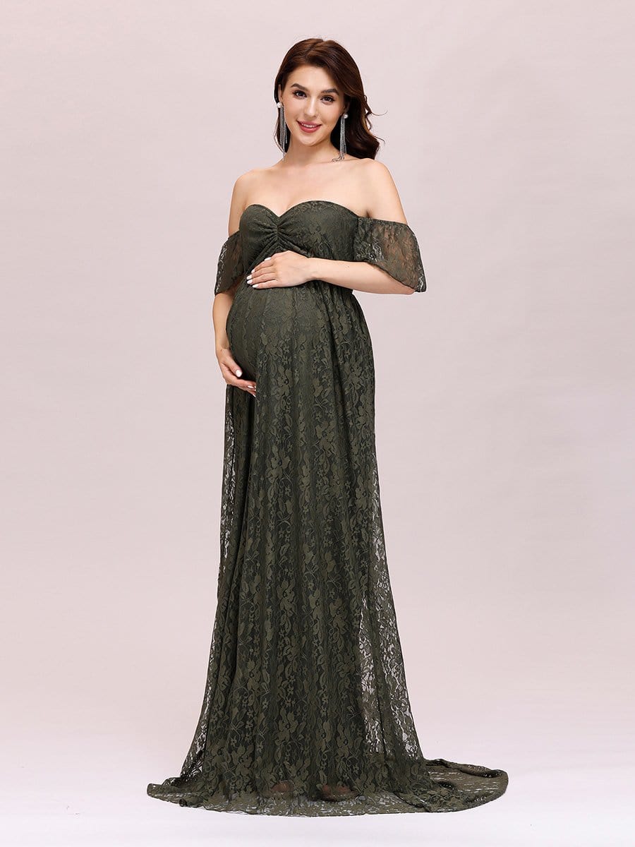 Color=Dark Green | Dainty Off Shoulder High Waist Lace Maxi Evening Maternity Dress-Dark Green 4