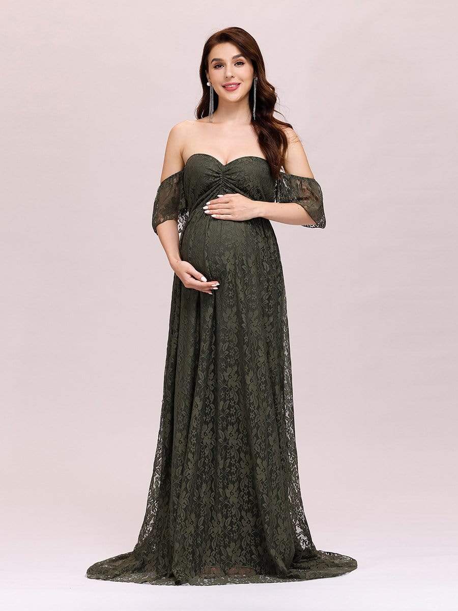 Color=Dark Green | Dainty Off Shoulder High Waist Lace Maxi Evening Maternity Dress-Dark Green 1