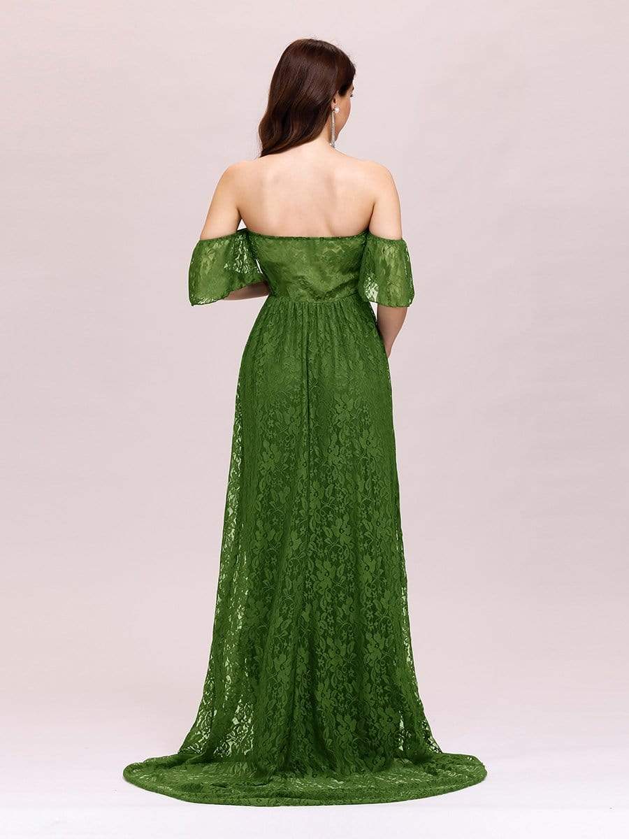 Color=Green | Dainty Off Shoulder High Waist Lace Maxi Evening Maternity Dress-Green 2