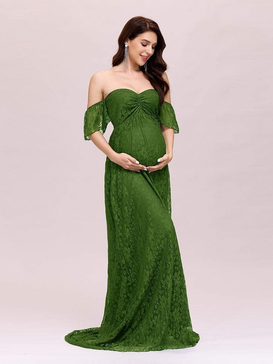 Color=Green | Dainty Off Shoulder High Waist Lace Maxi Evening Maternity Dress-Green 3