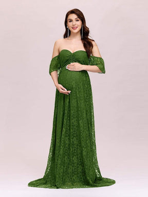 Color=Green | Dainty Off Shoulder High Waist Lace Maxi Evening Maternity Dress-Green 1