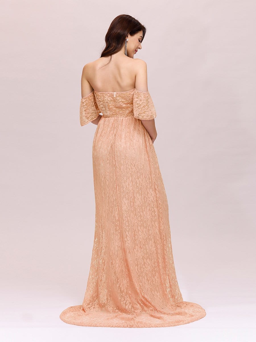 Color=Mushroom | Dainty Off Shoulder High Waist Lace Maxi Evening Maternity Dress-Mushroom 2