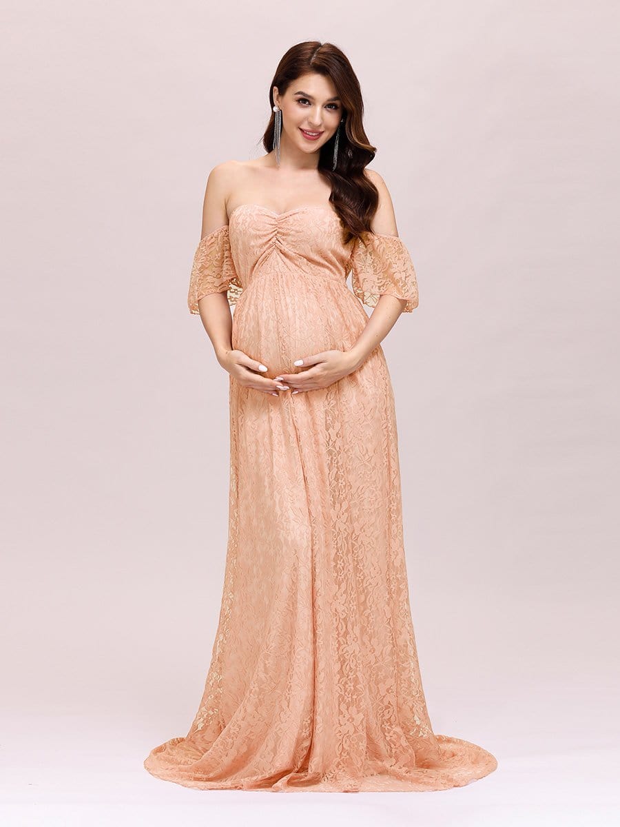 Color=Mushroom | Dainty Off Shoulder High Waist Lace Maxi Evening Maternity Dress-Mushroom 3