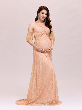 Color=Mushroom | Dainty Off Shoulder High Waist Lace Maxi Evening Maternity Dress-Mushroom 1