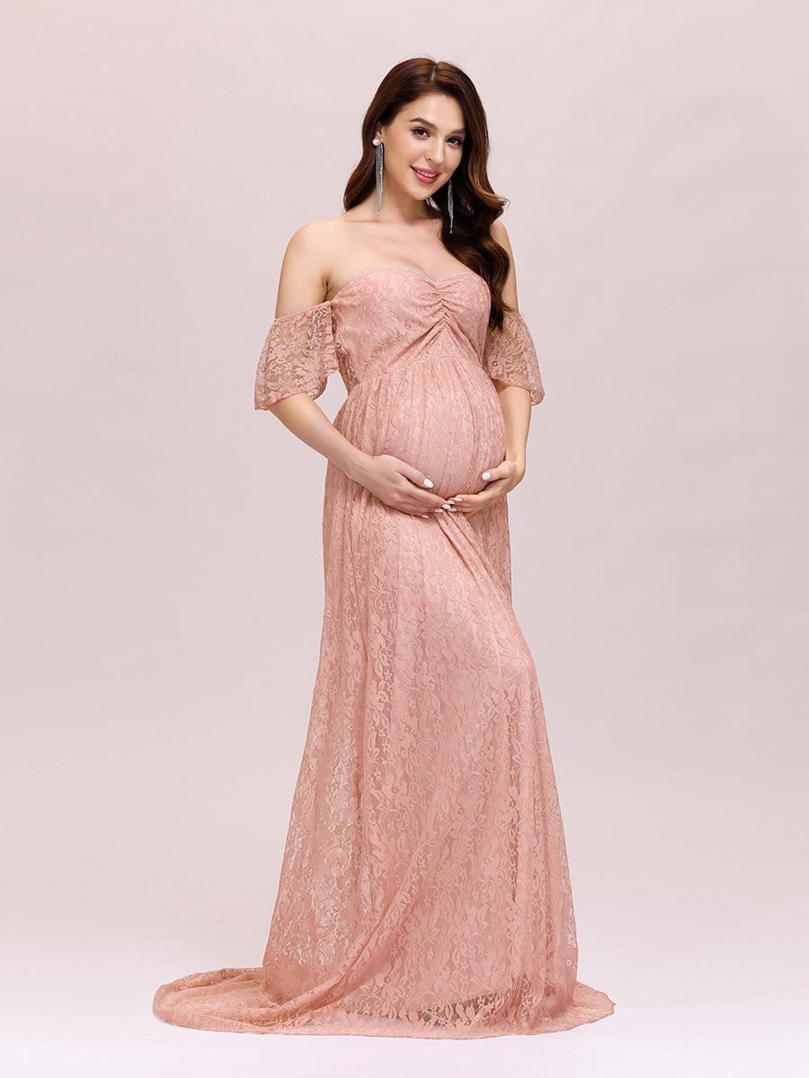 Color=Purple Orchid | Dainty Off Shoulder High Waist Lace Maxi Evening Maternity Dress-Purple Orchid 3