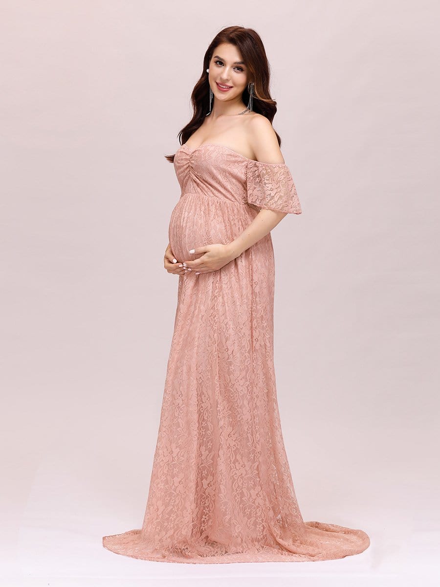 Color=Purple Orchid | Dainty Off Shoulder High Waist Lace Maxi Evening Maternity Dress-Purple Orchid 4