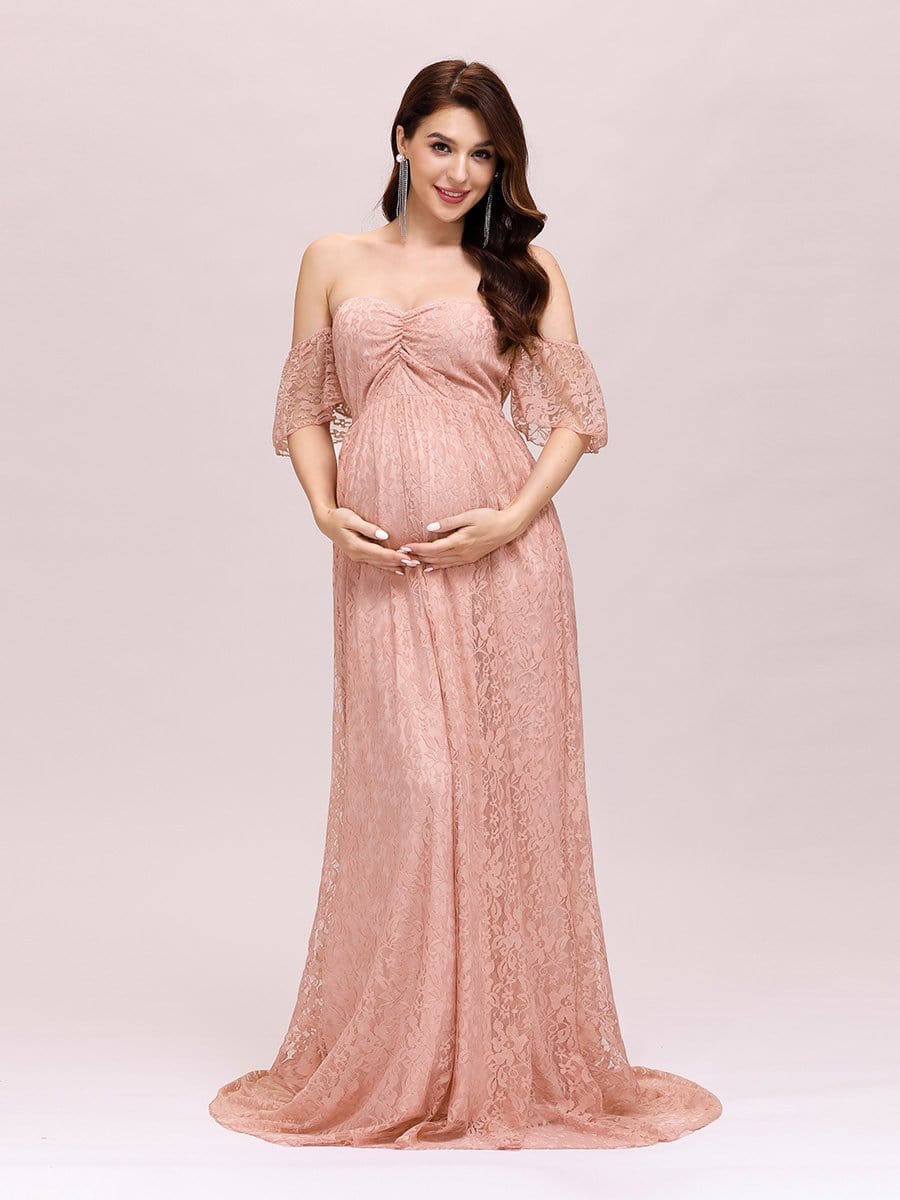 Color=Purple Orchid | Dainty Off Shoulder High Waist Lace Maxi Evening Maternity Dress-Purple Orchid 1