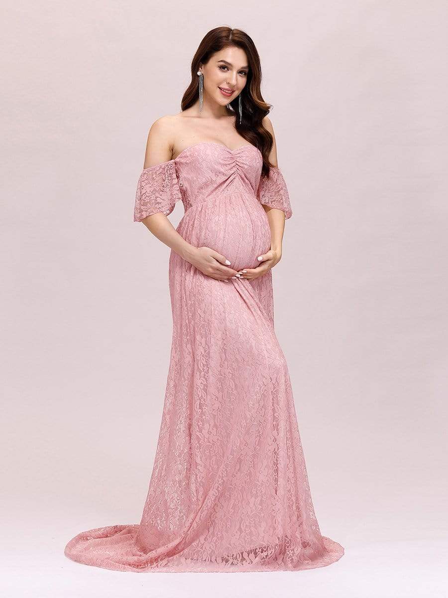 Color=Pink | Dainty Off Shoulder High Waist Lace Maxi Evening Maternity Dress-Pink 3