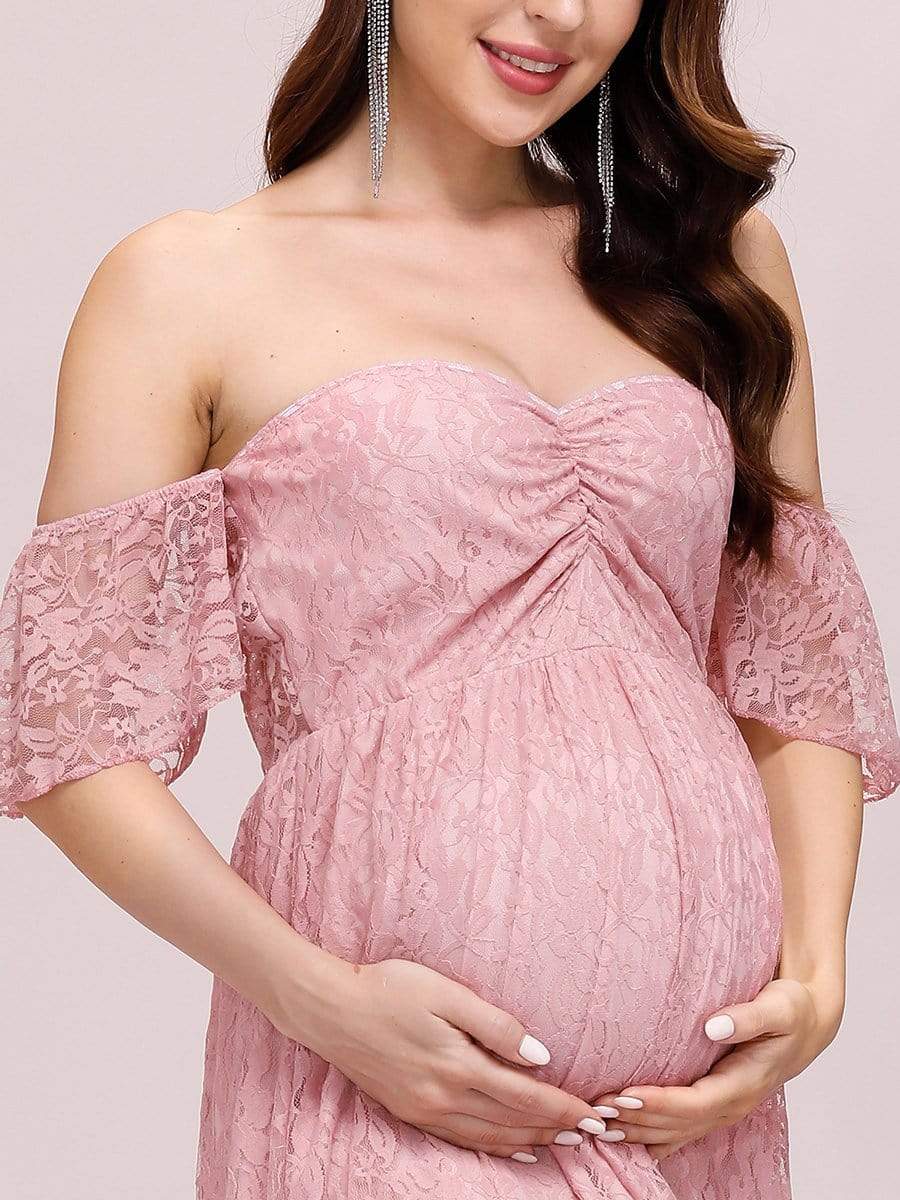 Color=Pink | Dainty Off Shoulder High Waist Lace Maxi Evening Maternity Dress-Pink 5