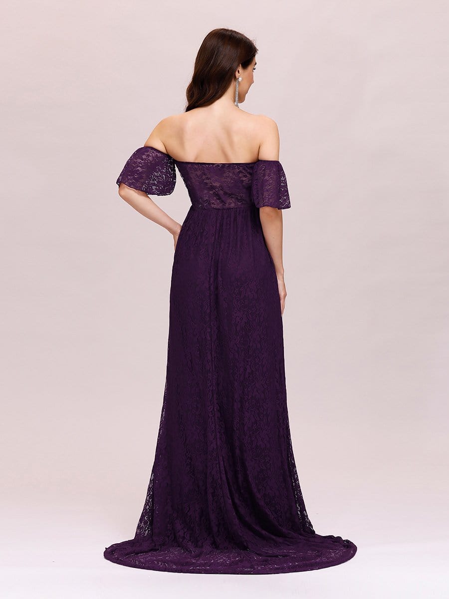 Color=Purple | Dainty Off Shoulder High Waist Lace Maxi Evening Maternity Dress-Purple 2