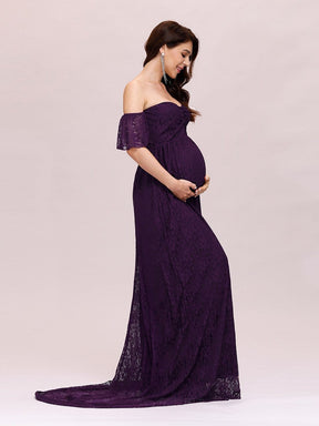 Color=Purple | Dainty Off Shoulder High Waist Lace Maxi Evening Maternity Dress-Purple 3