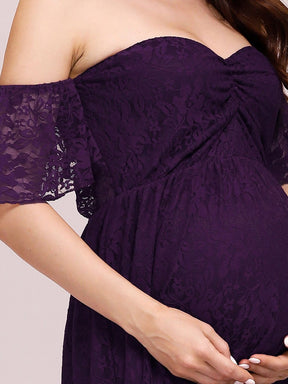 Color=Purple | Dainty Off Shoulder High Waist Lace Maxi Evening Maternity Dress-Purple 5