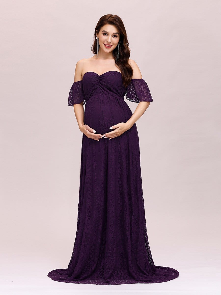 Color=Purple | Dainty Off Shoulder High Waist Lace Maxi Evening Maternity Dress-Purple 1