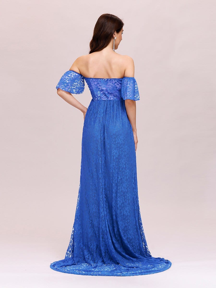 Color=Sapphire Blue | Dainty Off Shoulder High Waist Lace Maxi Evening Maternity Dress-Sapphire Blue 2