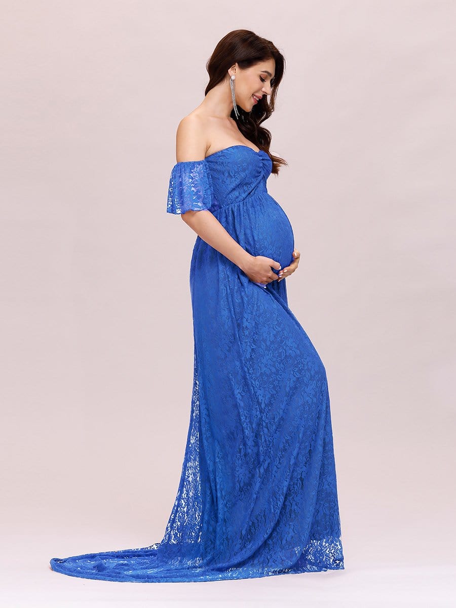 Color=Sapphire Blue | Dainty Off Shoulder High Waist Lace Maxi Evening Maternity Dress-Sapphire Blue 3