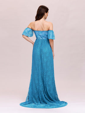 Color=Teal | Dainty Off Shoulder High Waist Lace Maxi Evening Maternity Dress-Teal 2