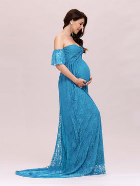 Color=Teal | Dainty Off Shoulder High Waist Lace Maxi Evening Maternity Dress-Teal 3
