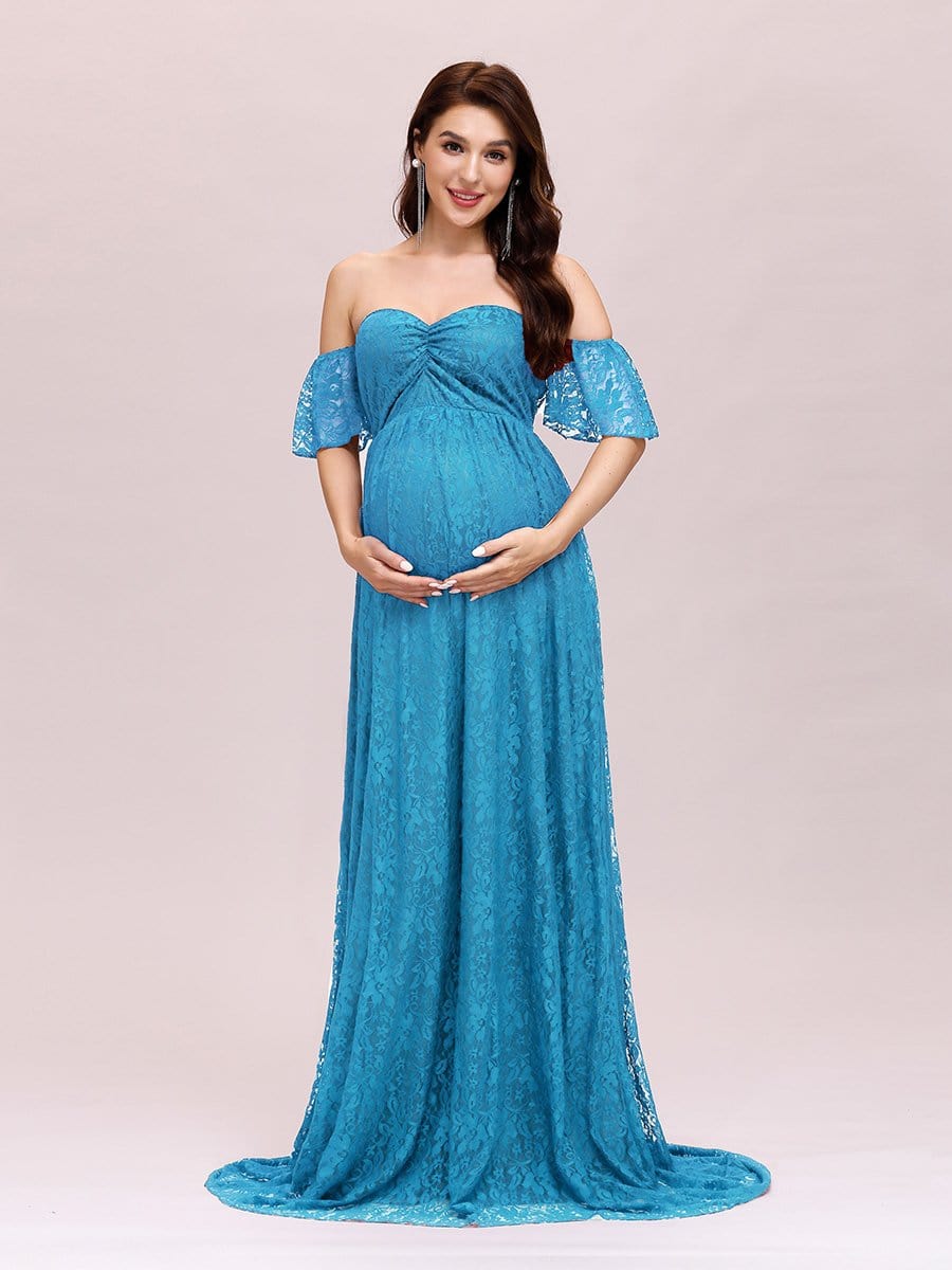 Color=Teal | Dainty Off Shoulder High Waist Lace Maxi Evening Maternity Dress-Teal 1