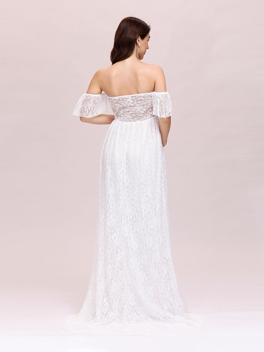 Color=White | Dainty Off Shoulder High Waist Lace Maxi Evening Maternity Dress-White 2