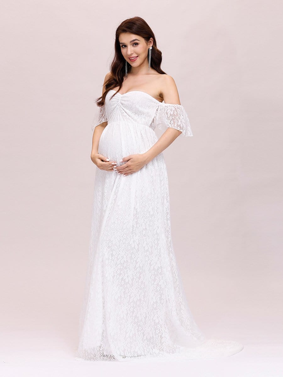 Color=White | Dainty Off Shoulder High Waist Lace Maxi Evening Maternity Dress-White 3
