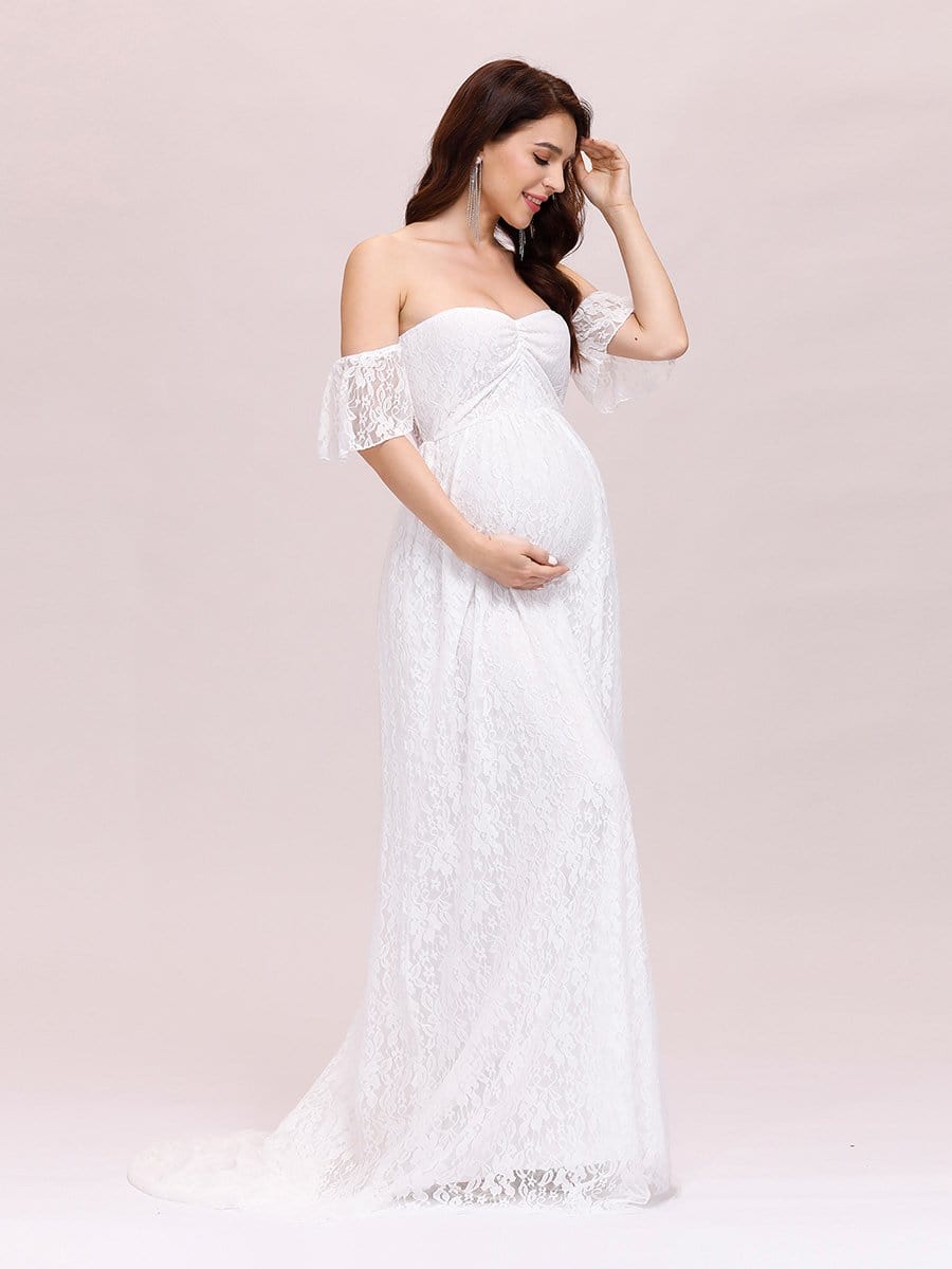 Color=White | Dainty Off Shoulder High Waist Lace Maxi Evening Maternity Dress-White 4
