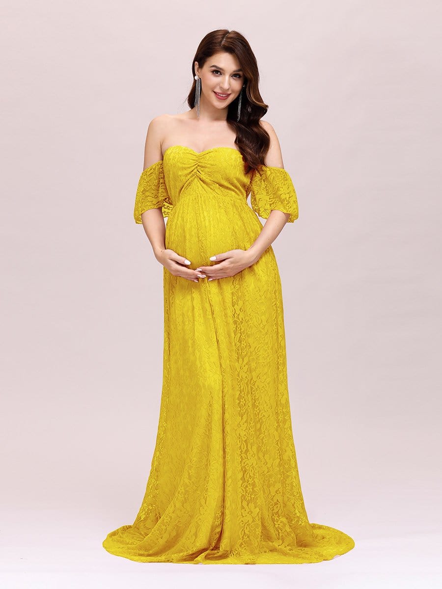 Color=Yellow | Dainty Off Shoulder High Waist Lace Maxi Evening Maternity Dress-Yellow 3
