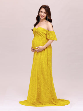 Color=Yellow | Dainty Off Shoulder High Waist Lace Maxi Evening Maternity Dress-Yellow 4