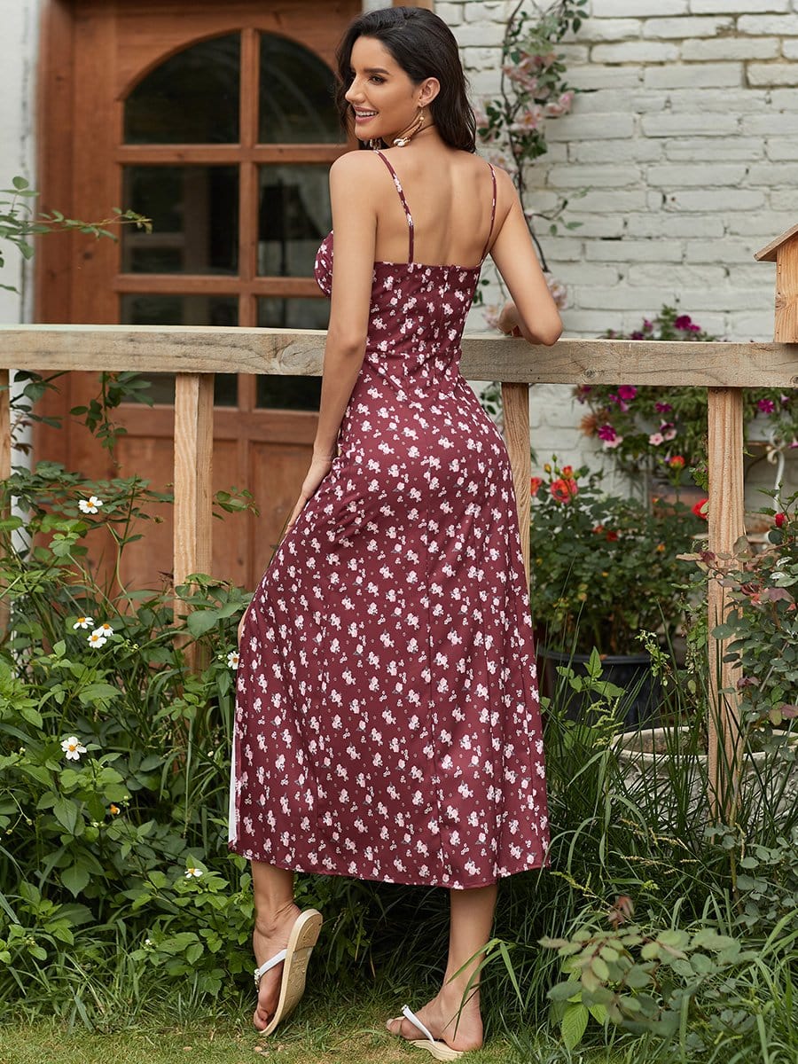 Color=Burgundy | Low Cut Square Neckline Spaghetti Strap High Slit Summer Dress-Burgundy 2