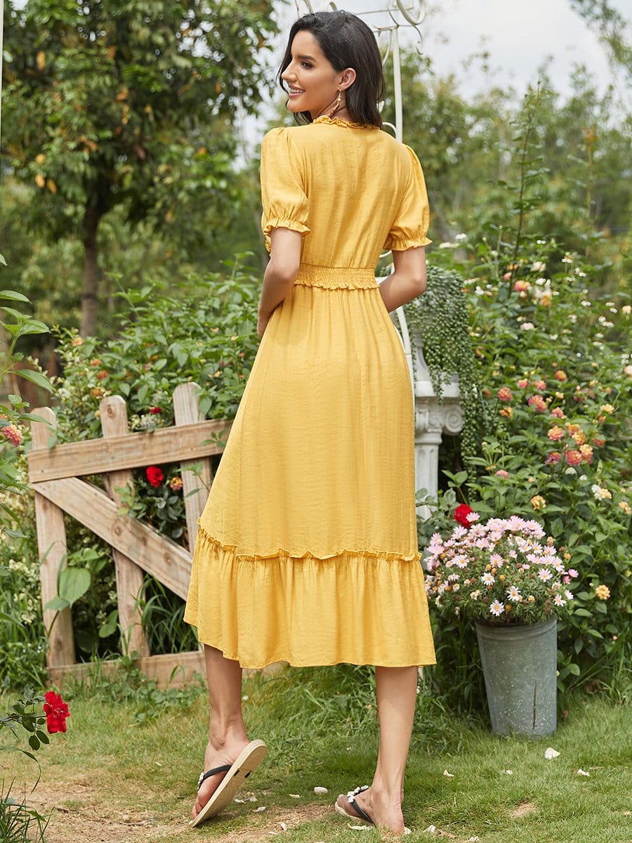 Color=Yellow | Puff Doll Sleeves Smocking Deep V Midi Tiered Summer Dress-Yellow 2