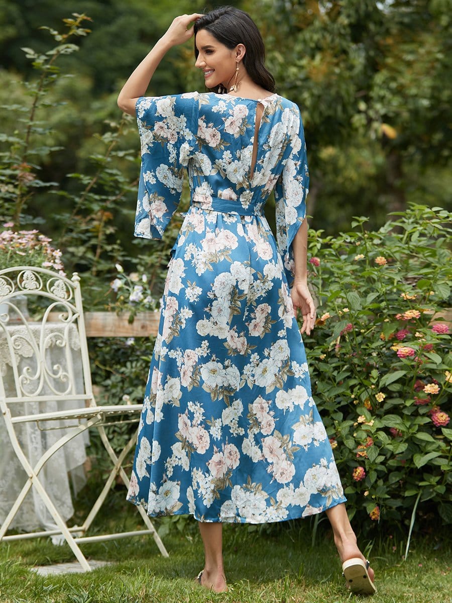 Color=Navy Blue | V Neck Kimono Sleeves High Slit Adjustable Long Summer Dress-Navy Blue 2