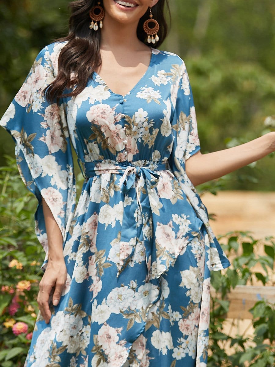 Color=Navy Blue | V Neck Kimono Sleeves High Slit Adjustable Long Summer Dress-Navy Blue 3
