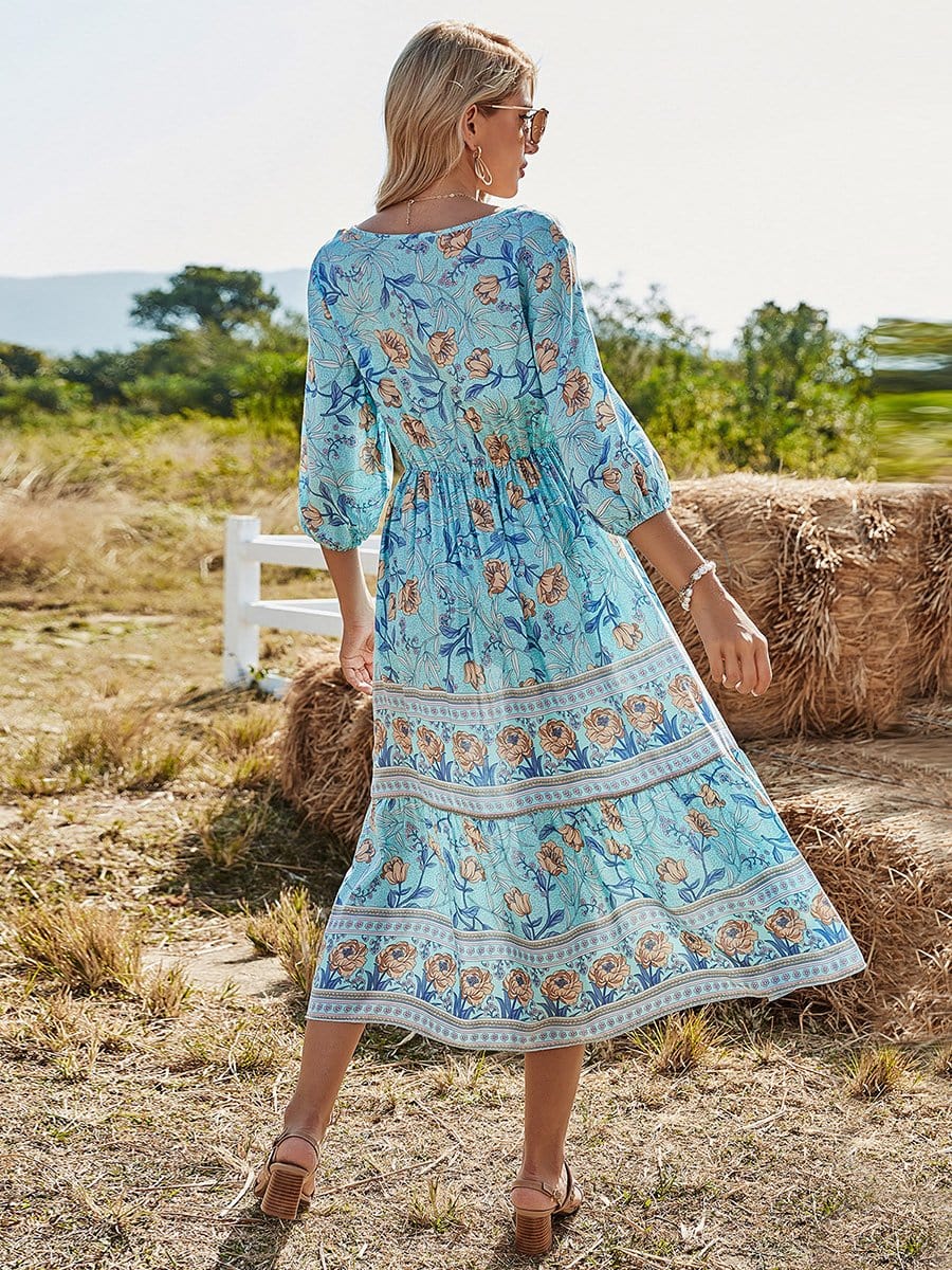 Color=Sky Blue | Elegant Deep V Neck Long Sleeves Long Maxi Broomstick Summer Dress-Sky Blue 2