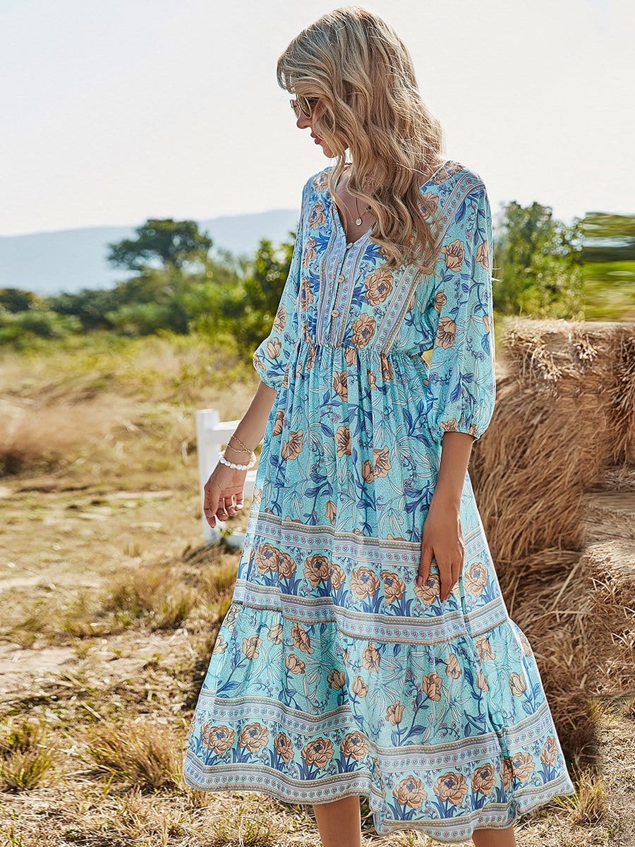 Color=Sky Blue | Elegant Deep V Neck Long Sleeves Long Maxi Broomstick Summer Dress-Sky Blue 3