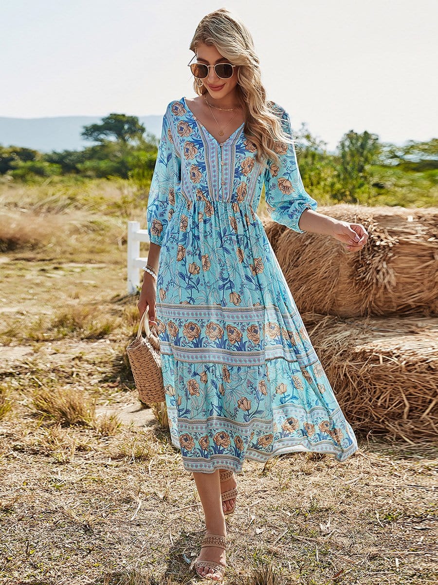 Color=Sky Blue | Elegant Deep V Neck Long Sleeves Long Maxi Broomstick Summer Dress-Sky Blue 4