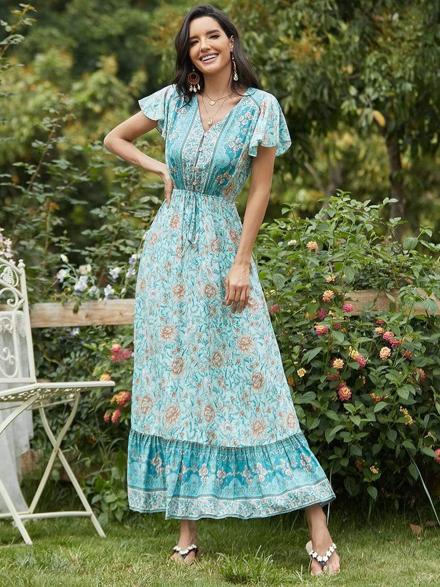 Color=Sky Blue | Deep V Neck Pagoda Sleeves Long Maxi Broomstick Summer Dress-Sky Blue 4