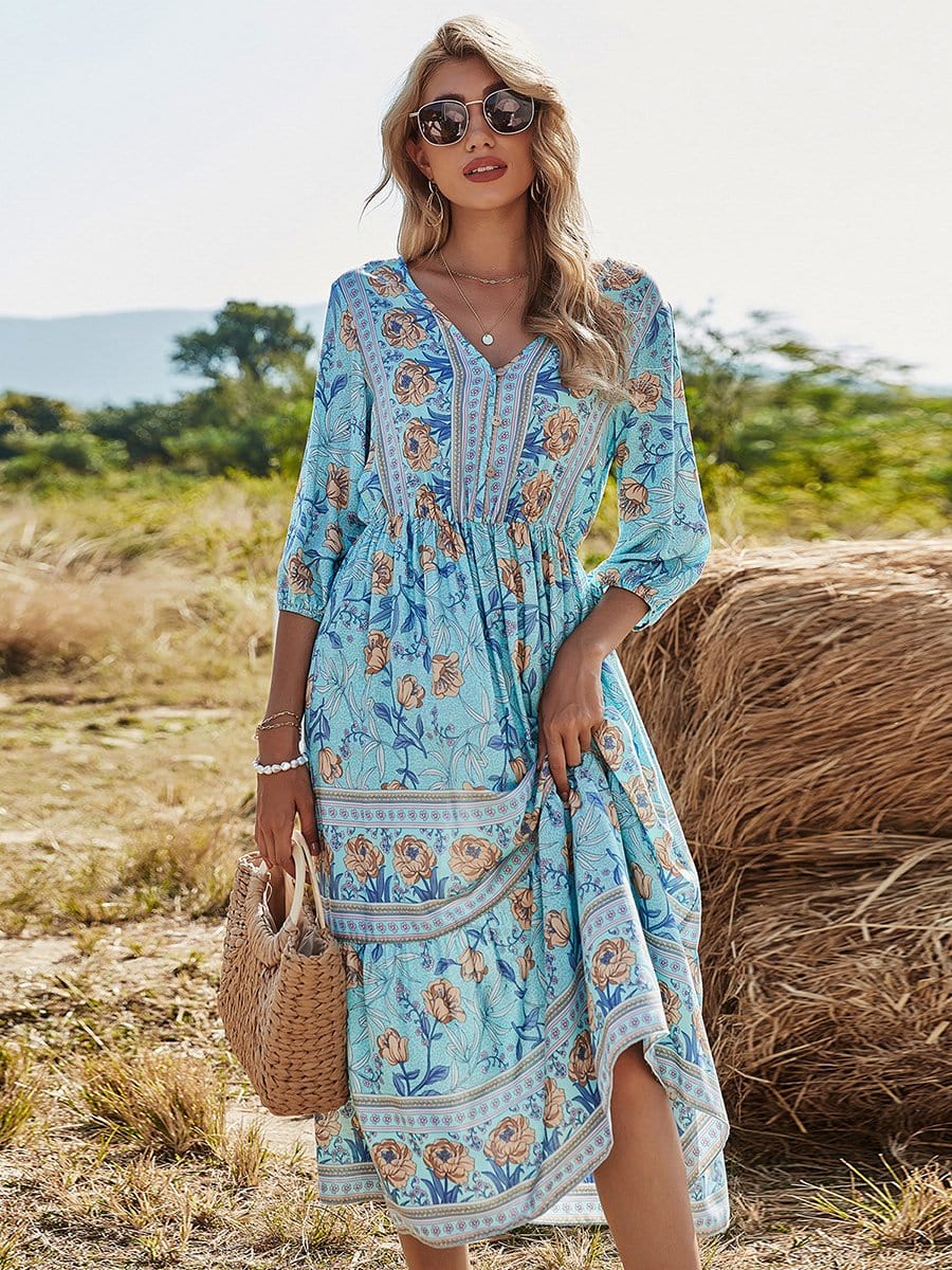 Color=Sky Blue | Elegant Deep V Neck Long Sleeves Long Maxi Broomstick Summer Dress-Sky Blue 1