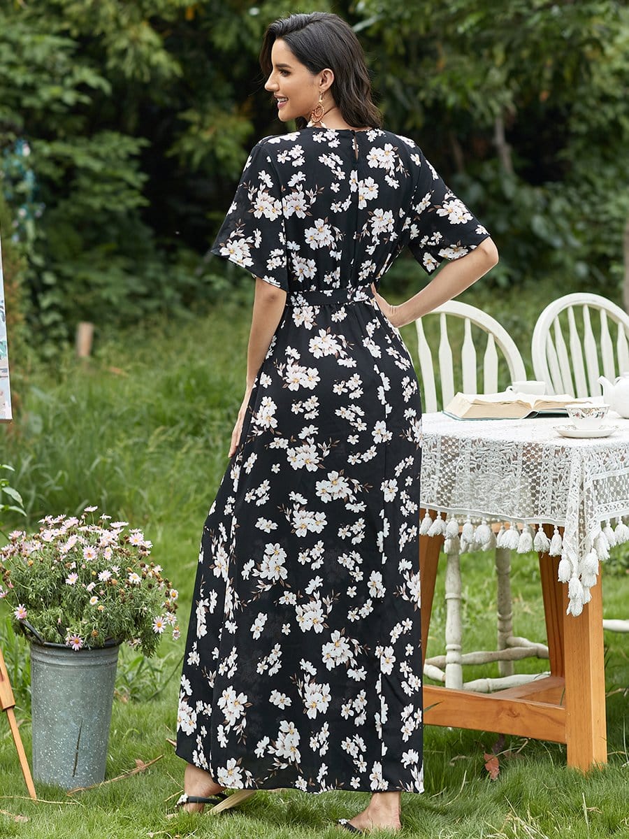 Color=Black | Deep V Adjustable Waist Band High Slit Floral Maxi Summer Dress-Black 2