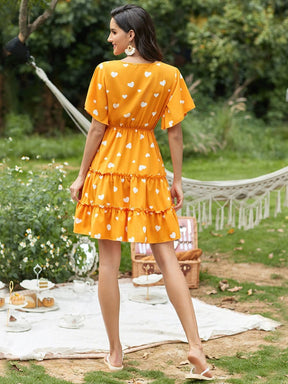 Color=Yellow | Elegant V Neck Pagoda Sleeves Tiered Adjustable Short Summer Dress-Yellow 2